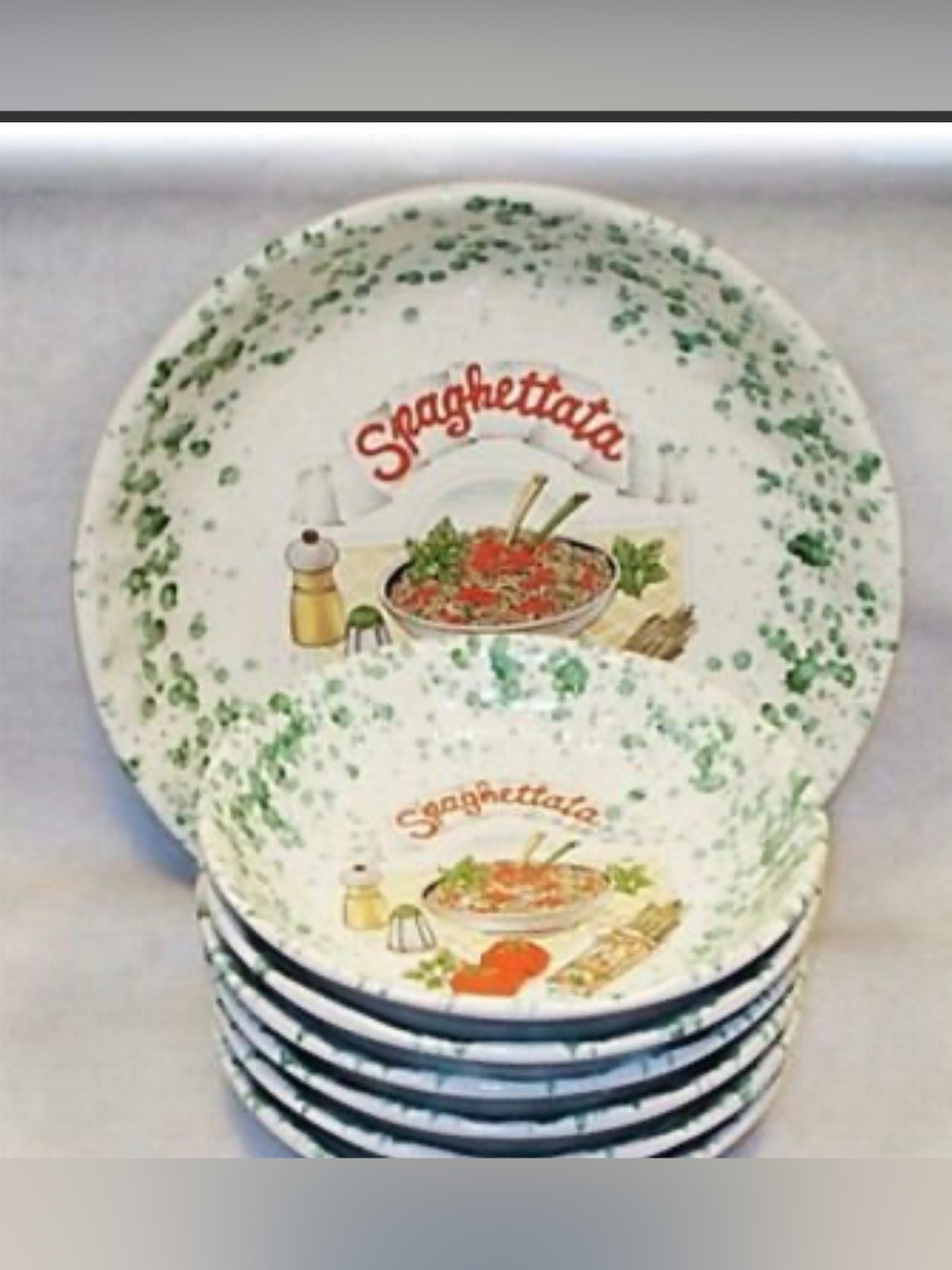 STOVIT Italy Pasta Bowl Set Large Bowl  and 5 Bowls Spaghetti Green Splattered